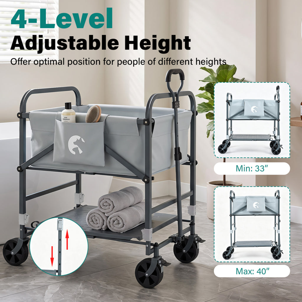 Foldable Dog Bath Cart with Adjustable Height & Pull Handle - Black & Gray