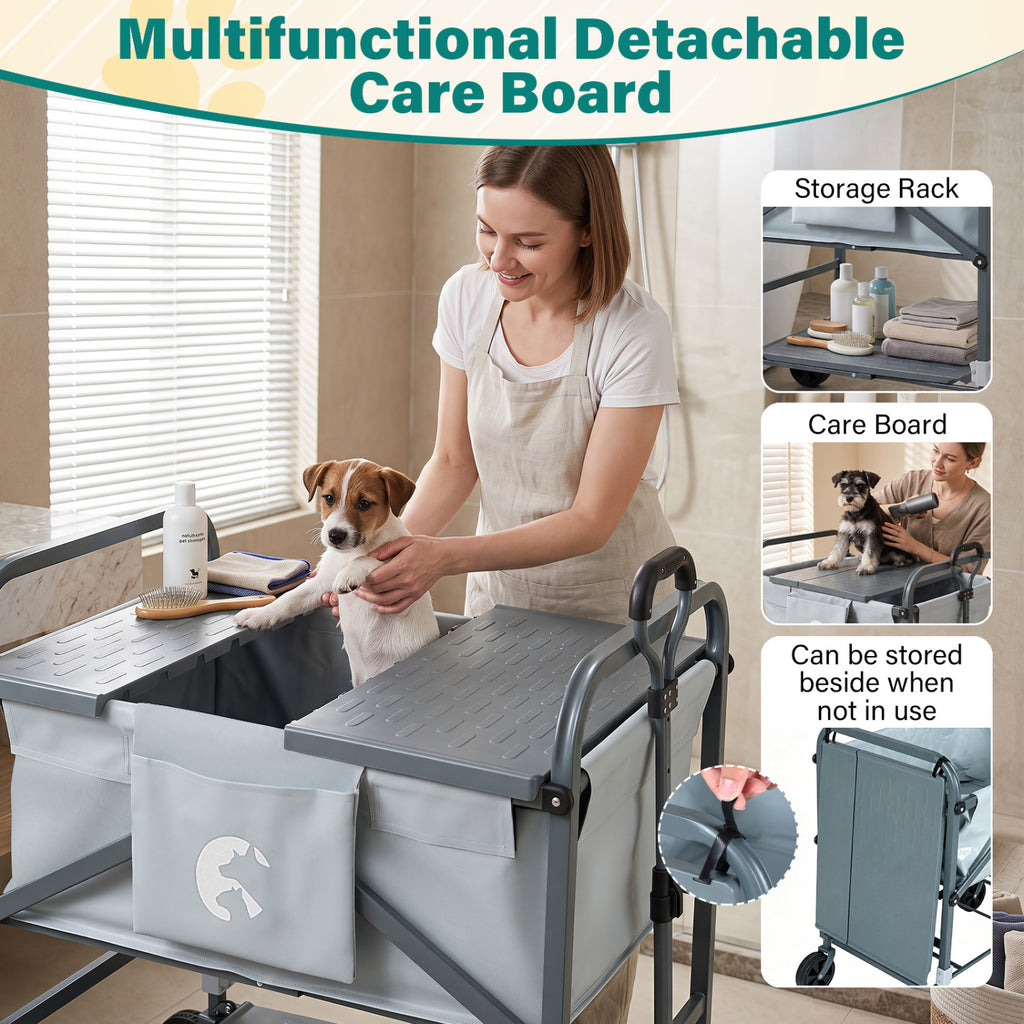 Foldable Dog Bath Cart with Adjustable Height & Pull Handle - Black & Gray