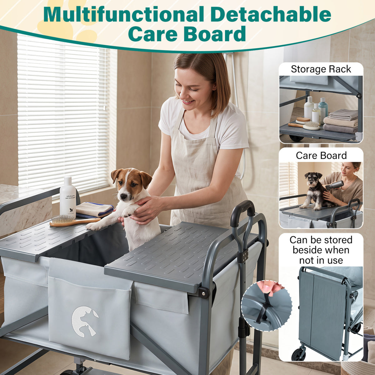 Foldable Dog Bath Cart with Adjustable Height & Pull Handle - Black & Gray