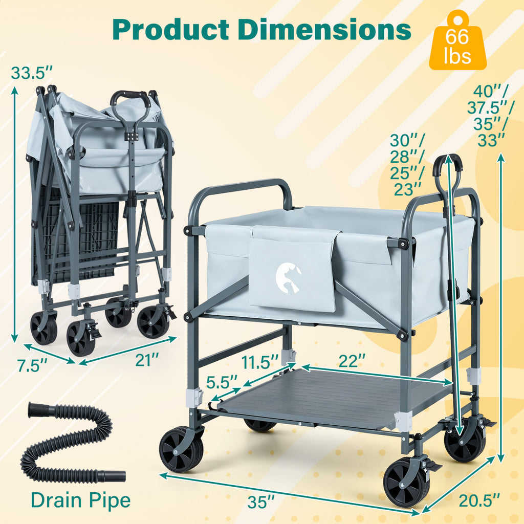 Foldable Dog Bath Cart with Adjustable Height & Pull Handle - Black & Gray