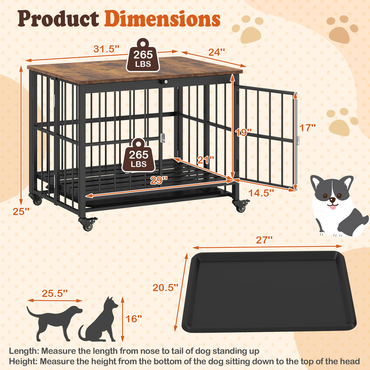 Foldable Dog Crate Furniture with Removable Tray Lockable Door - S Size