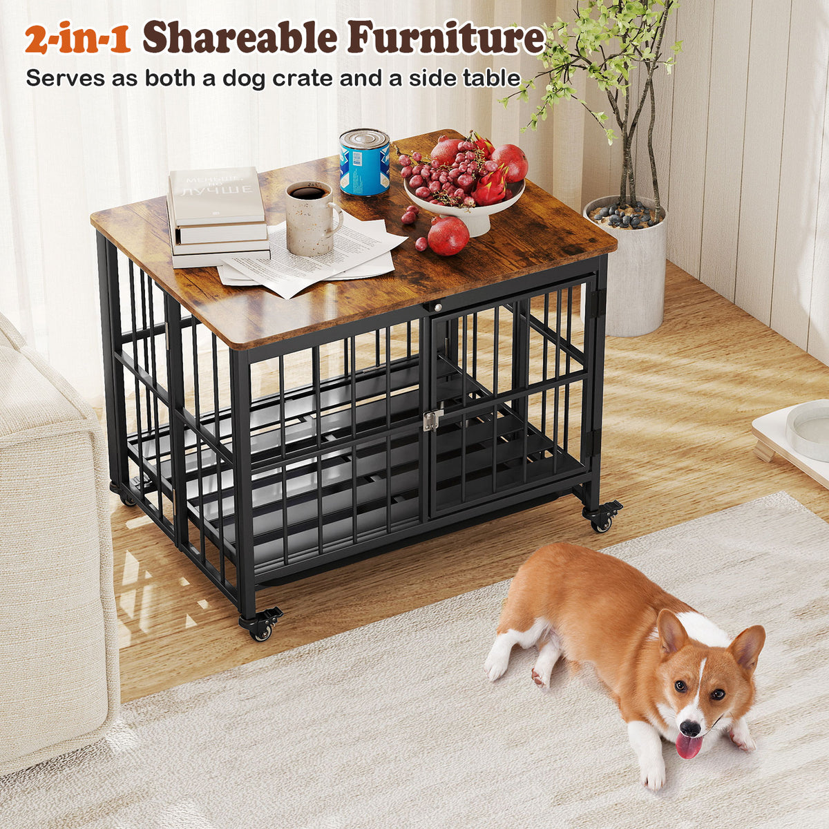 Foldable Dog Crate Furniture with Removable Tray Lockable Door - S Size
