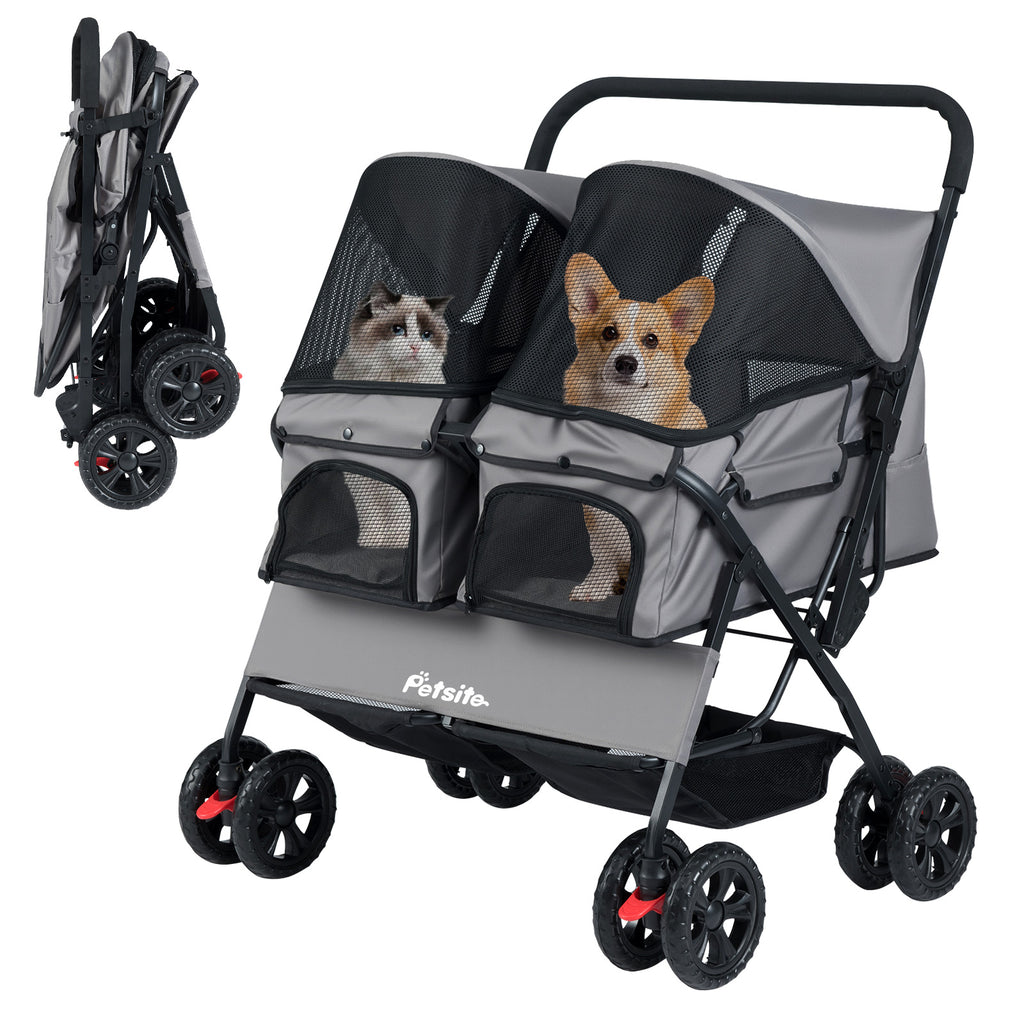 Gray Foldable Double Pet Stroller with Adjustable Sunshade & Storage Basket