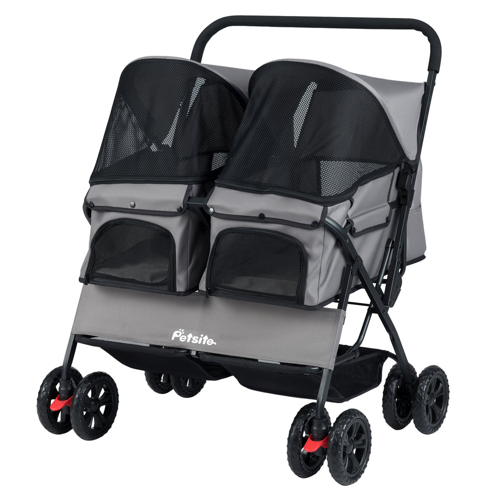 Gray Foldable Double Pet Stroller with Adjustable Sunshade & Storage Basket