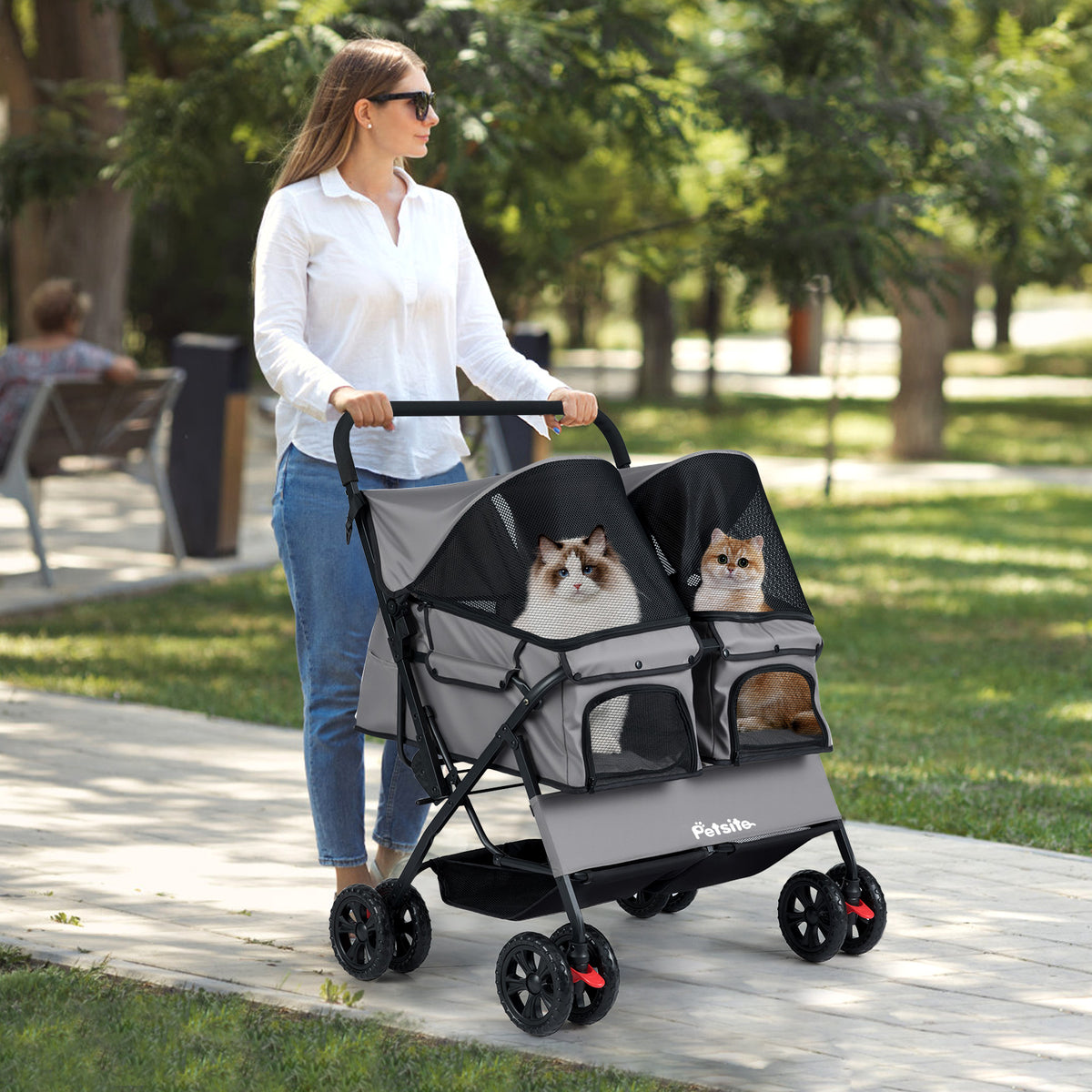 Gray Foldable Double Pet Stroller with Adjustable Sunshade & Storage Basket
