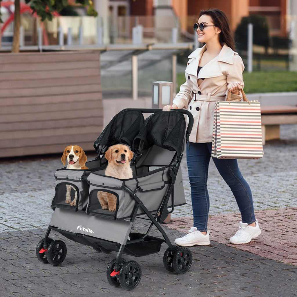 Gray Foldable Double Pet Stroller with Adjustable Sunshade & Storage Basket