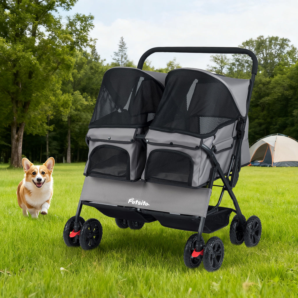Gray Foldable Double Pet Stroller with Adjustable Sunshade & Storage Basket