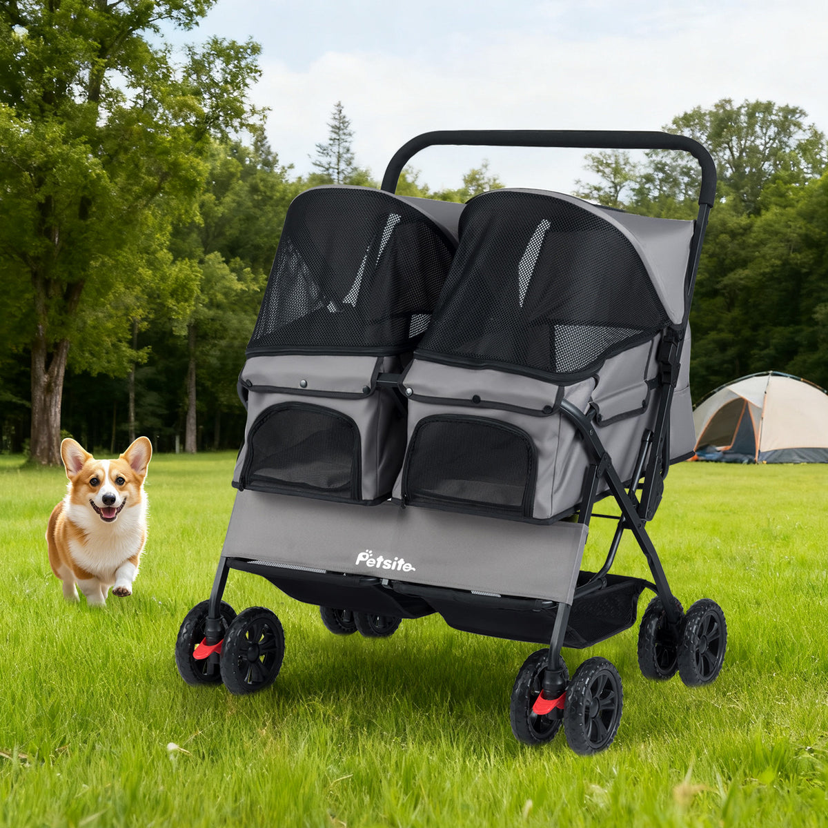 Gray Foldable Double Pet Stroller with Adjustable Sunshade & Storage Basket