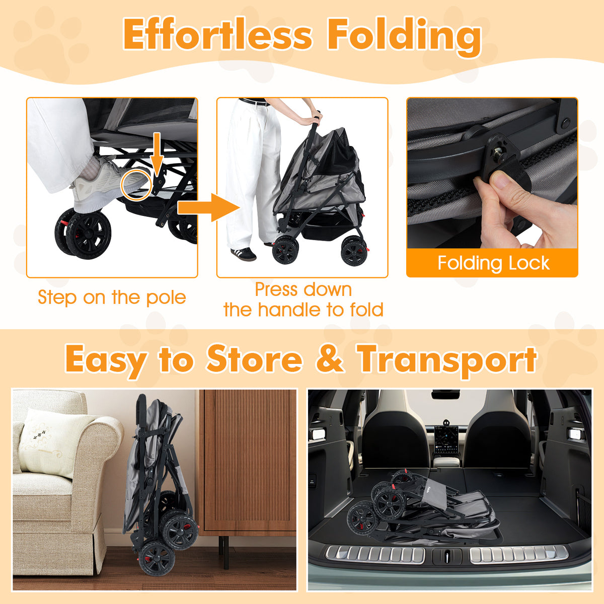Gray Foldable Double Pet Stroller with Adjustable Sunshade & Storage Basket