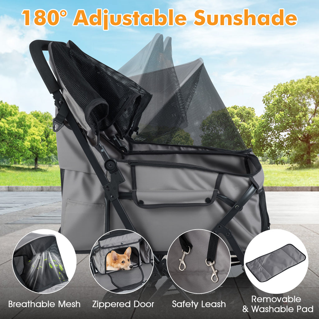 Gray Foldable Double Pet Stroller with Adjustable Sunshade & Storage Basket