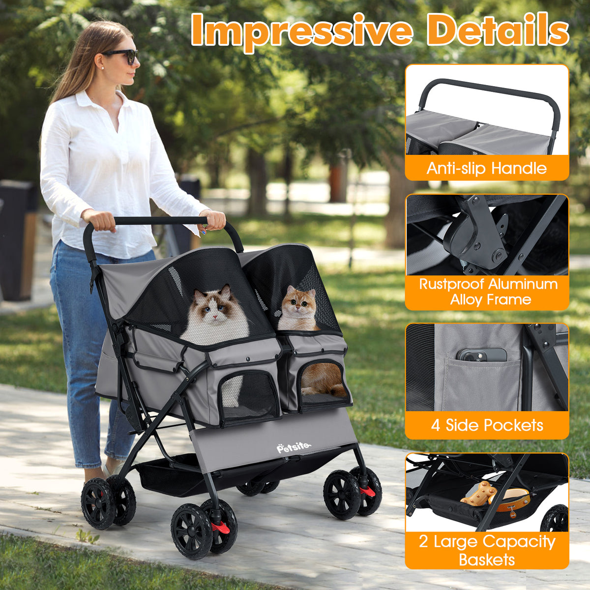 Gray Foldable Double Pet Stroller with Adjustable Sunshade & Storage Basket