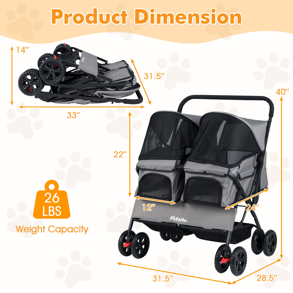 Gray Foldable Double Pet Stroller with Adjustable Sunshade & Storage Basket