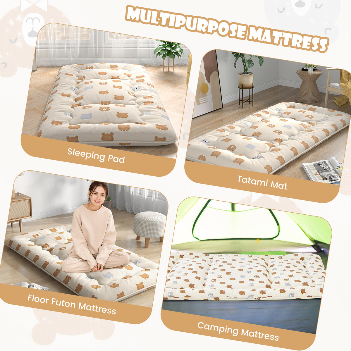 Foldable Twin Futon Mattress with Washable Cover & Carry Bag