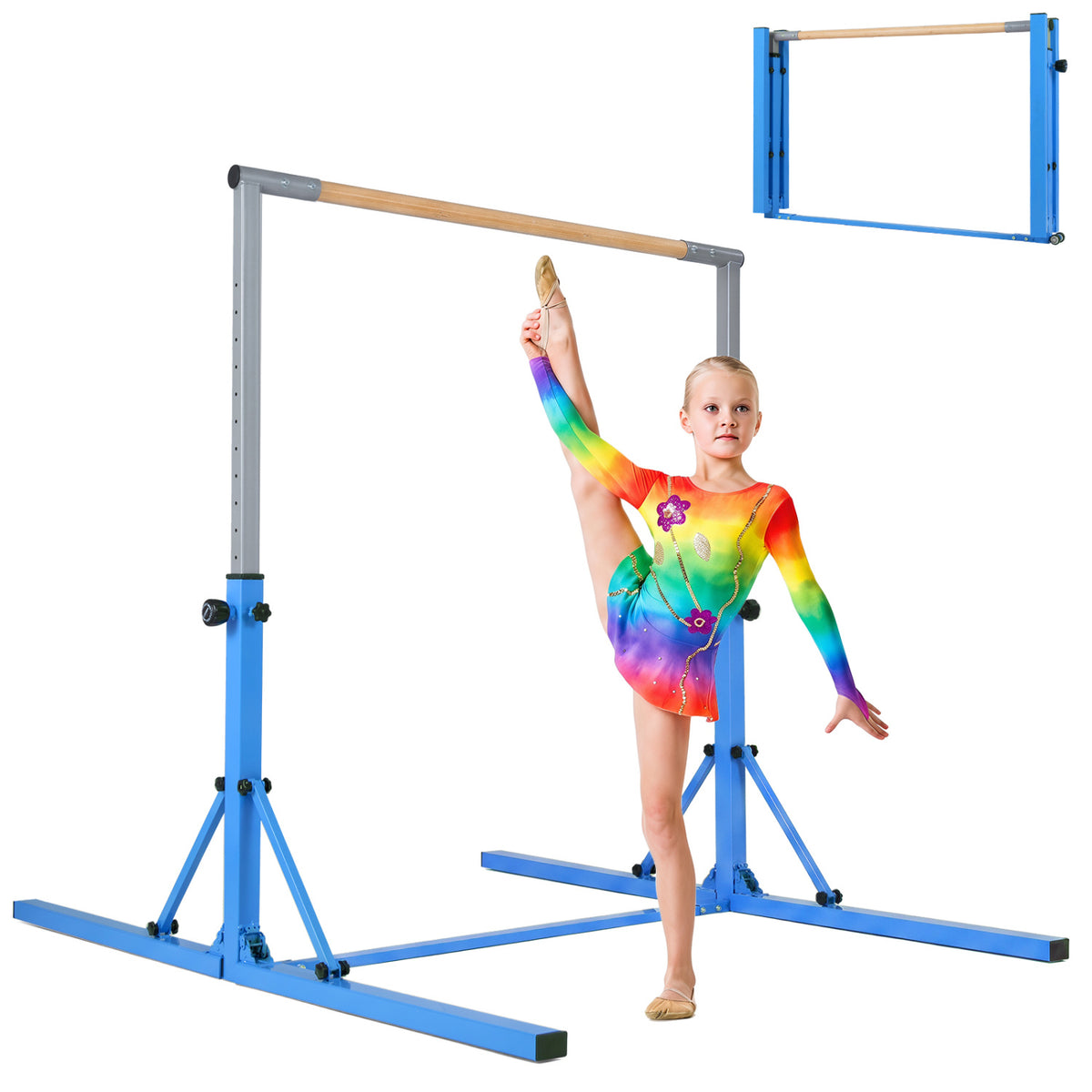 Kids Foldable Gymnastics Bar with 3-Level Adjustable Heights - Blue