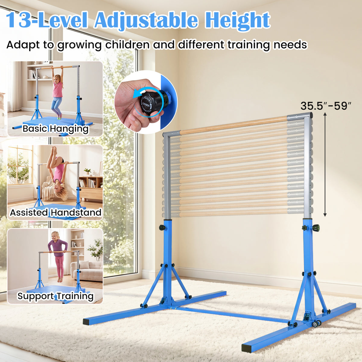 Kids Foldable Gymnastics Bar with 3-Level Adjustable Heights - Blue