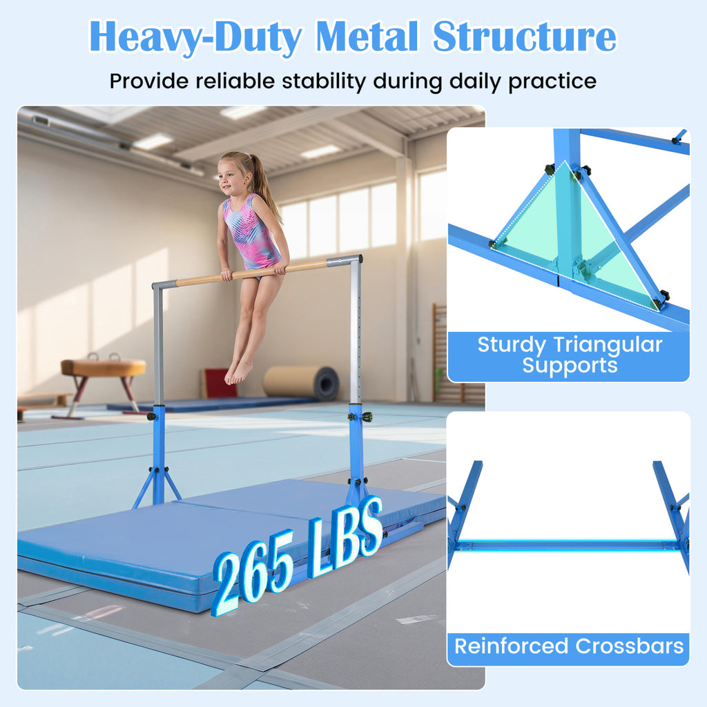 Kids Foldable Gymnastics Bar with 3-Level Adjustable Heights - Blue