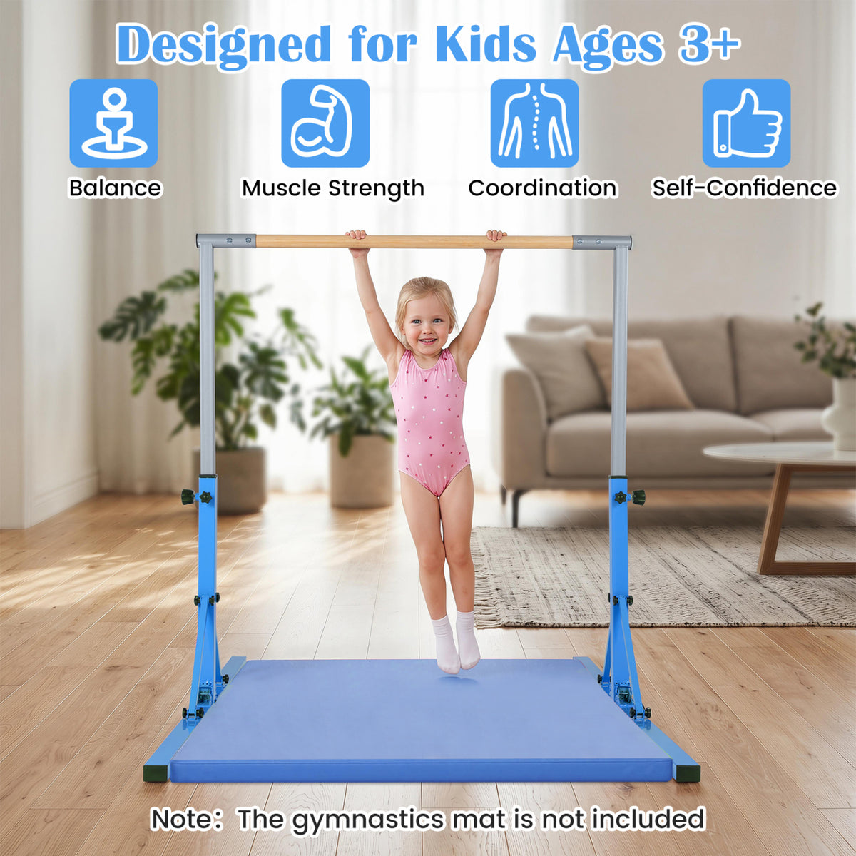 Kids Foldable Gymnastics Bar with 3-Level Adjustable Heights - Blue
