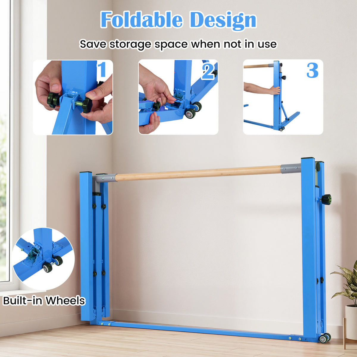 Kids Foldable Gymnastics Bar with 3-Level Adjustable Heights - Blue