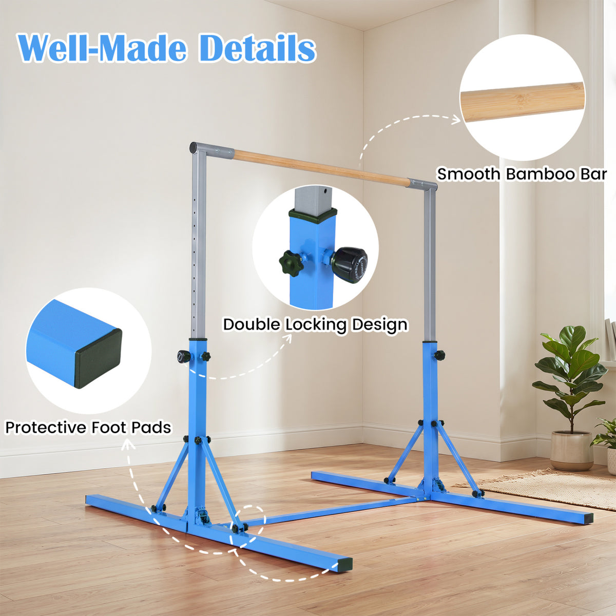 Kids Foldable Gymnastics Bar with 3-Level Adjustable Heights - Blue