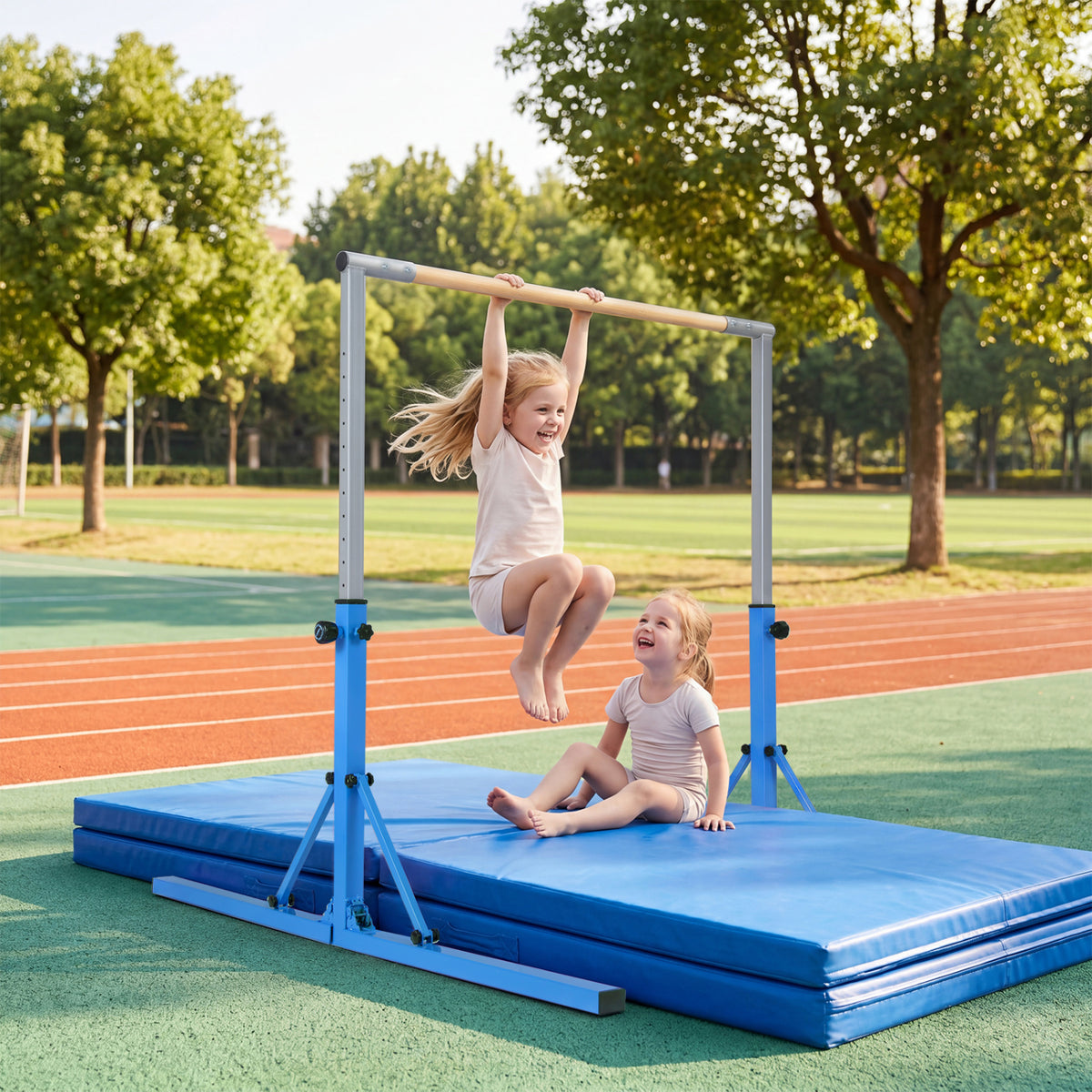 Kids Foldable Gymnastics Bar with 3-Level Adjustable Heights - Blue