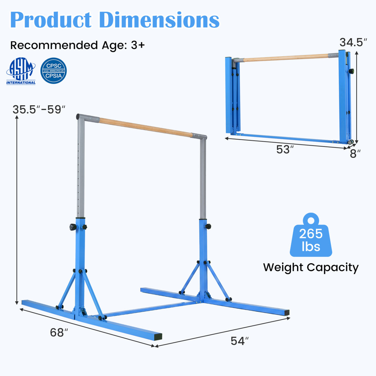 Kids Foldable Gymnastics Bar with 3-Level Adjustable Heights - Blue