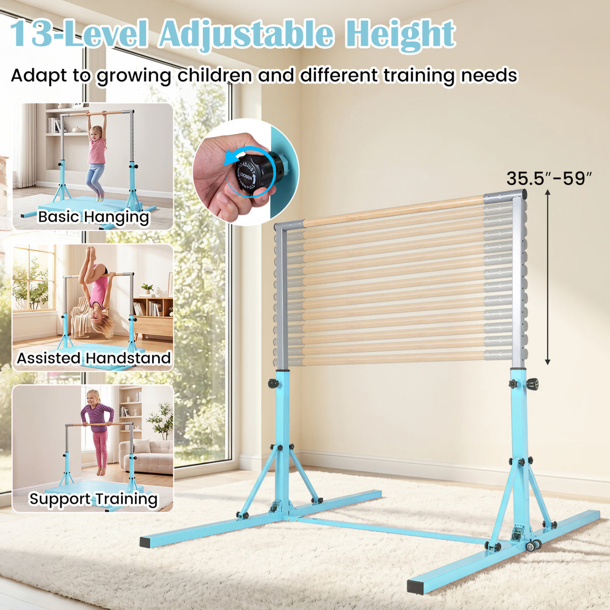 Kids Foldable Gymnastics Bar with 3-Levels Adjustable Height - Green