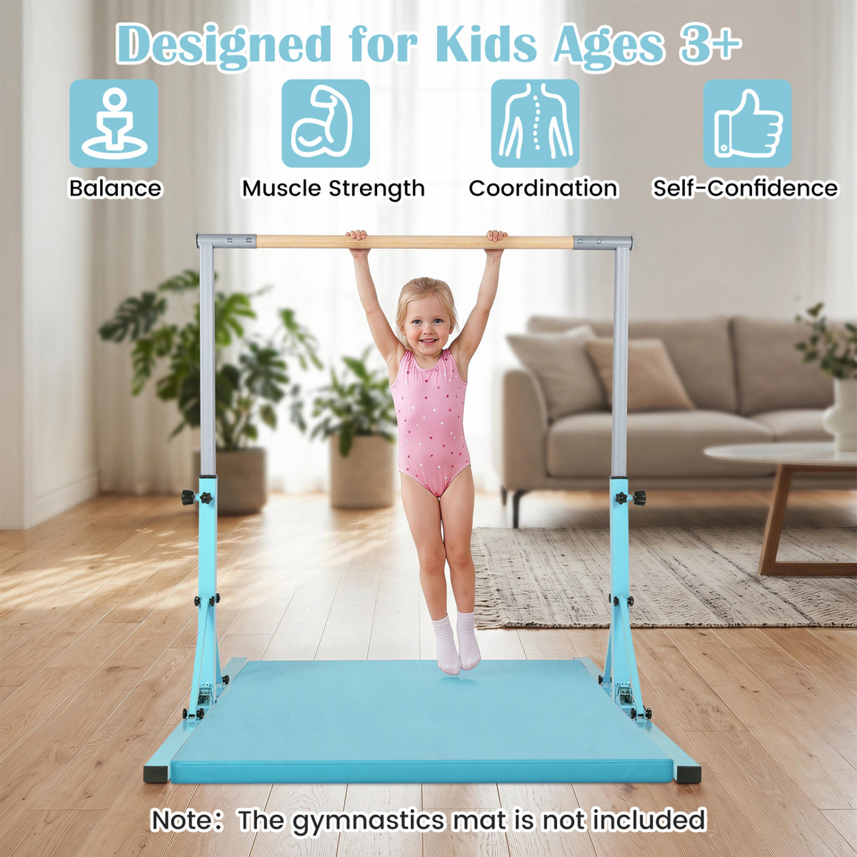 Kids Foldable Gymnastics Bar with 3-Levels Adjustable Height - Green