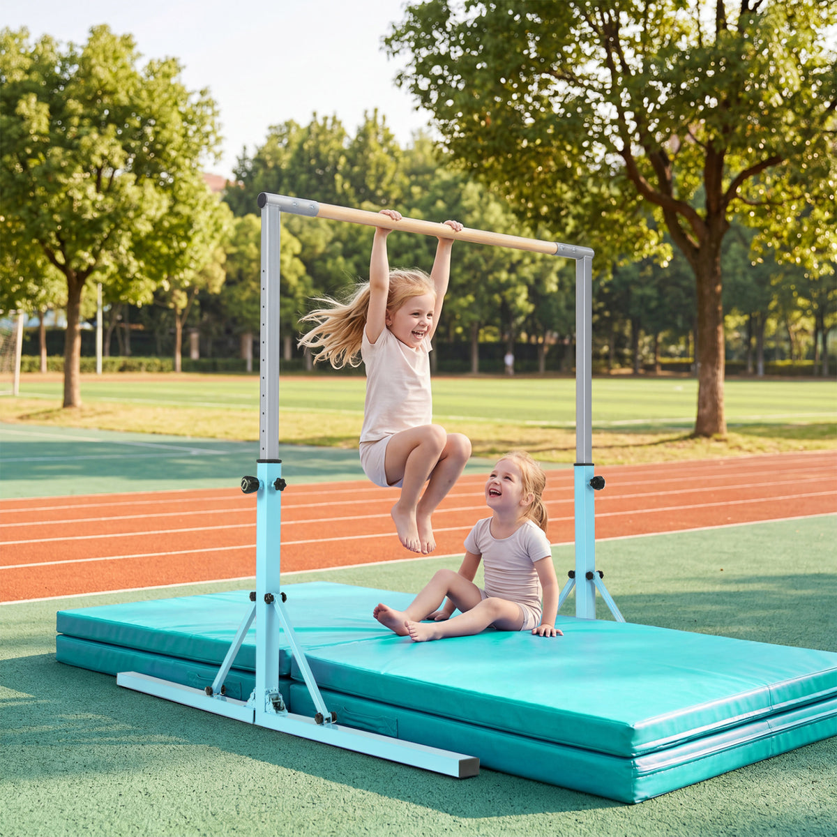 Kids Foldable Gymnastics Bar with 3-Levels Adjustable Height - Green