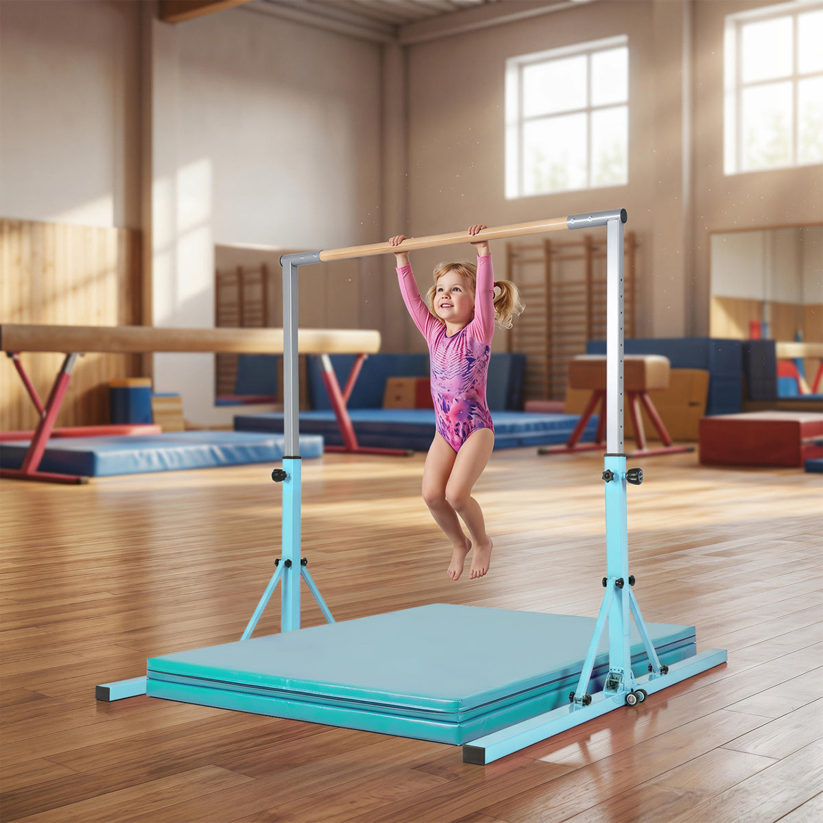 Kids Foldable Gymnastics Bar with 3-Levels Adjustable Height - Green