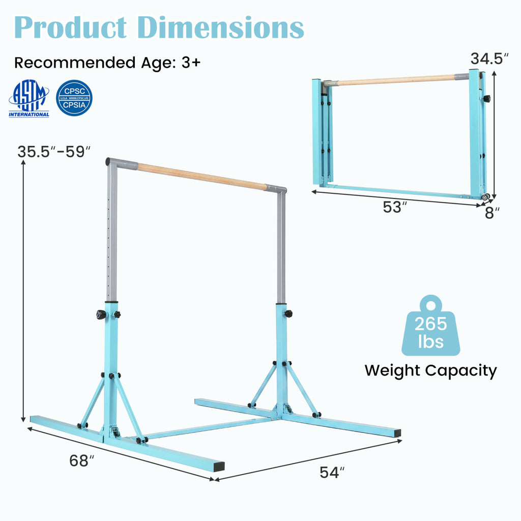 Kids Foldable Gymnastics Bar with 3-Levels Adjustable Height - Green