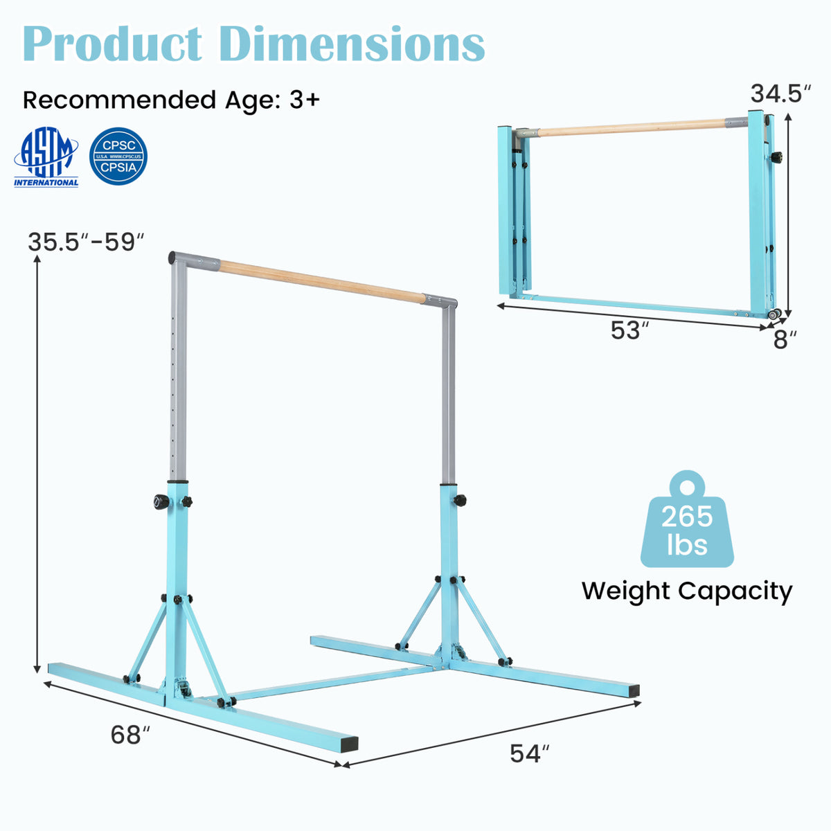 Kids Foldable Gymnastics Bar with 3-Levels Adjustable Height - Green