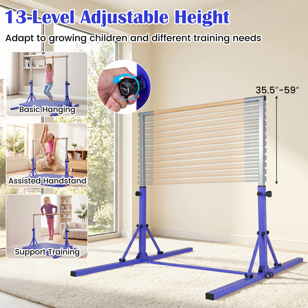 Kids Foldable Gymnastics Bar with 3-Level Adjustable Height - Purple