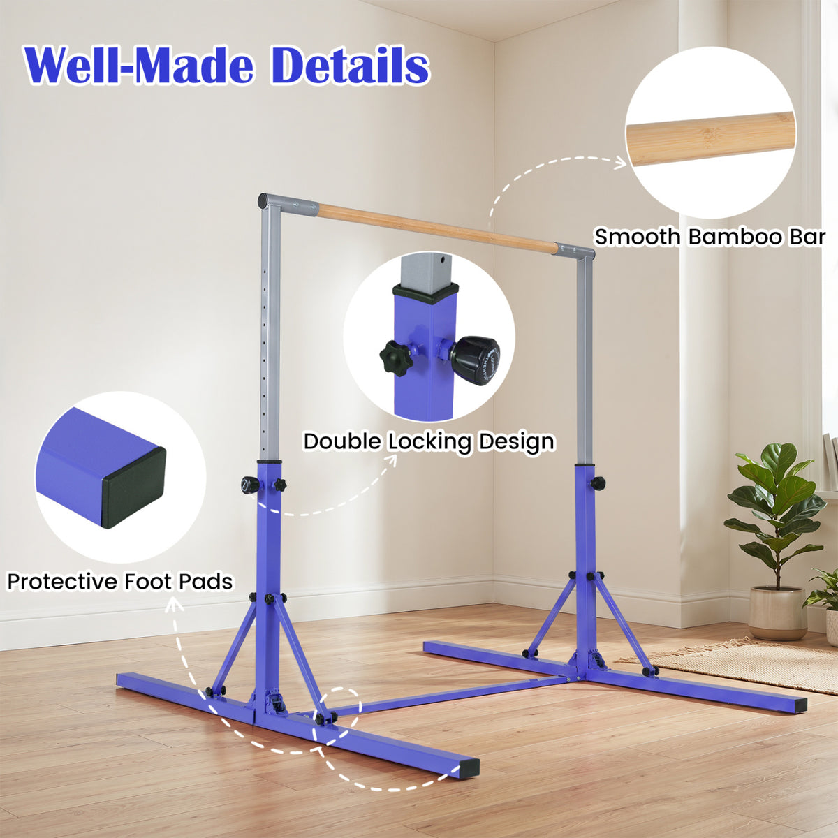 Kids Foldable Gymnastics Bar with 3-Level Adjustable Height - Purple