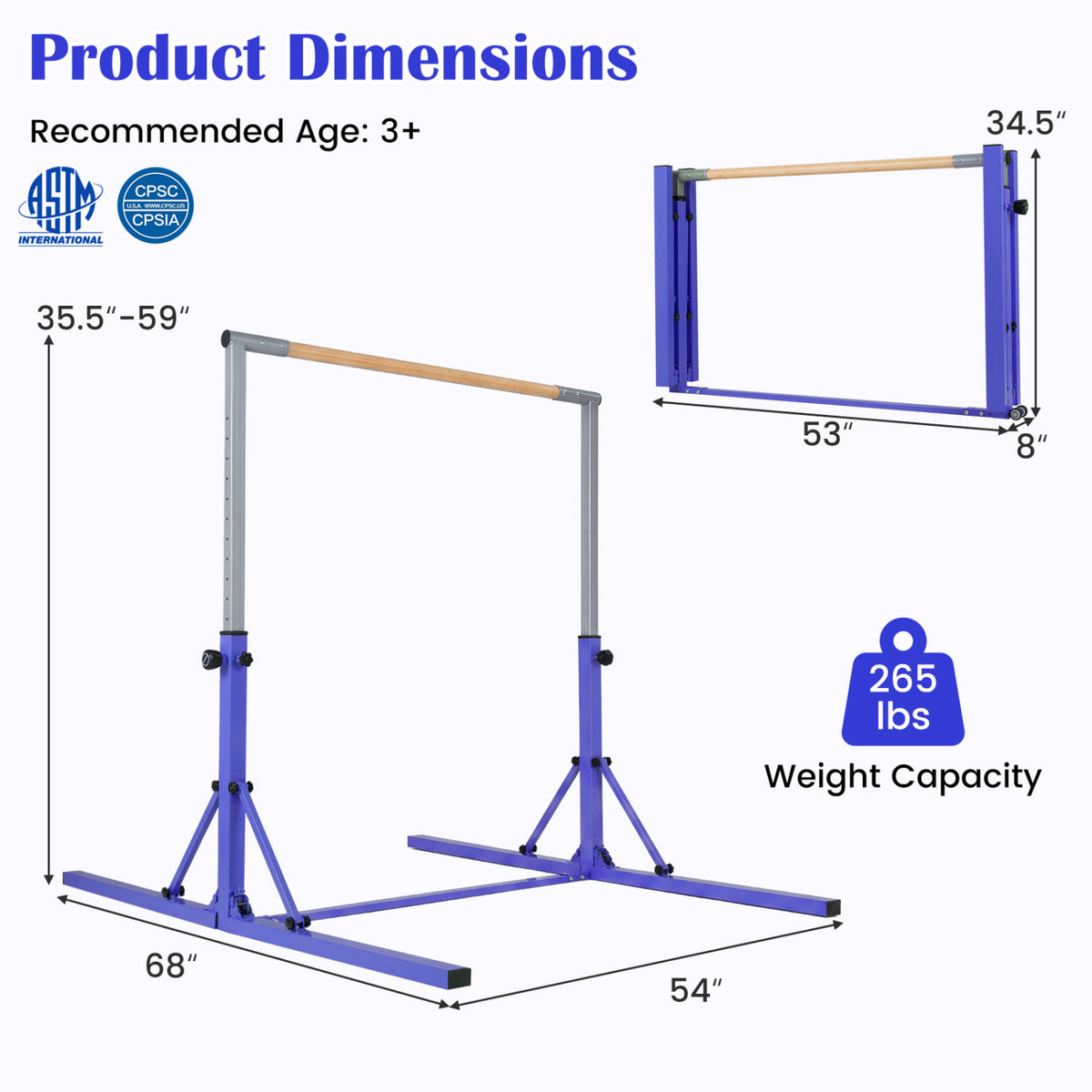Kids Foldable Gymnastics Bar with 3-Level Adjustable Height - Purple