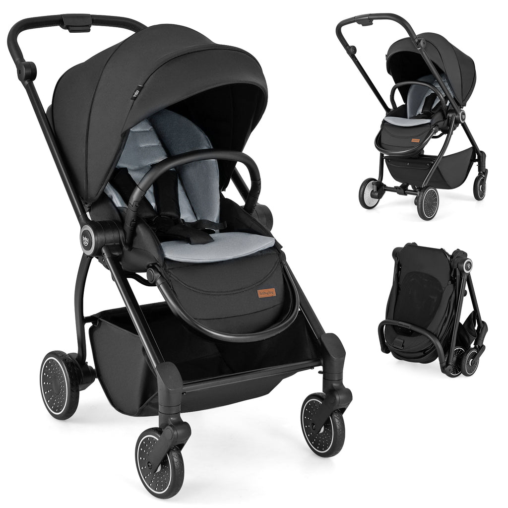 Gray Foldable Infant Pram Stroller with Reversible Seat & Reclining Backrest