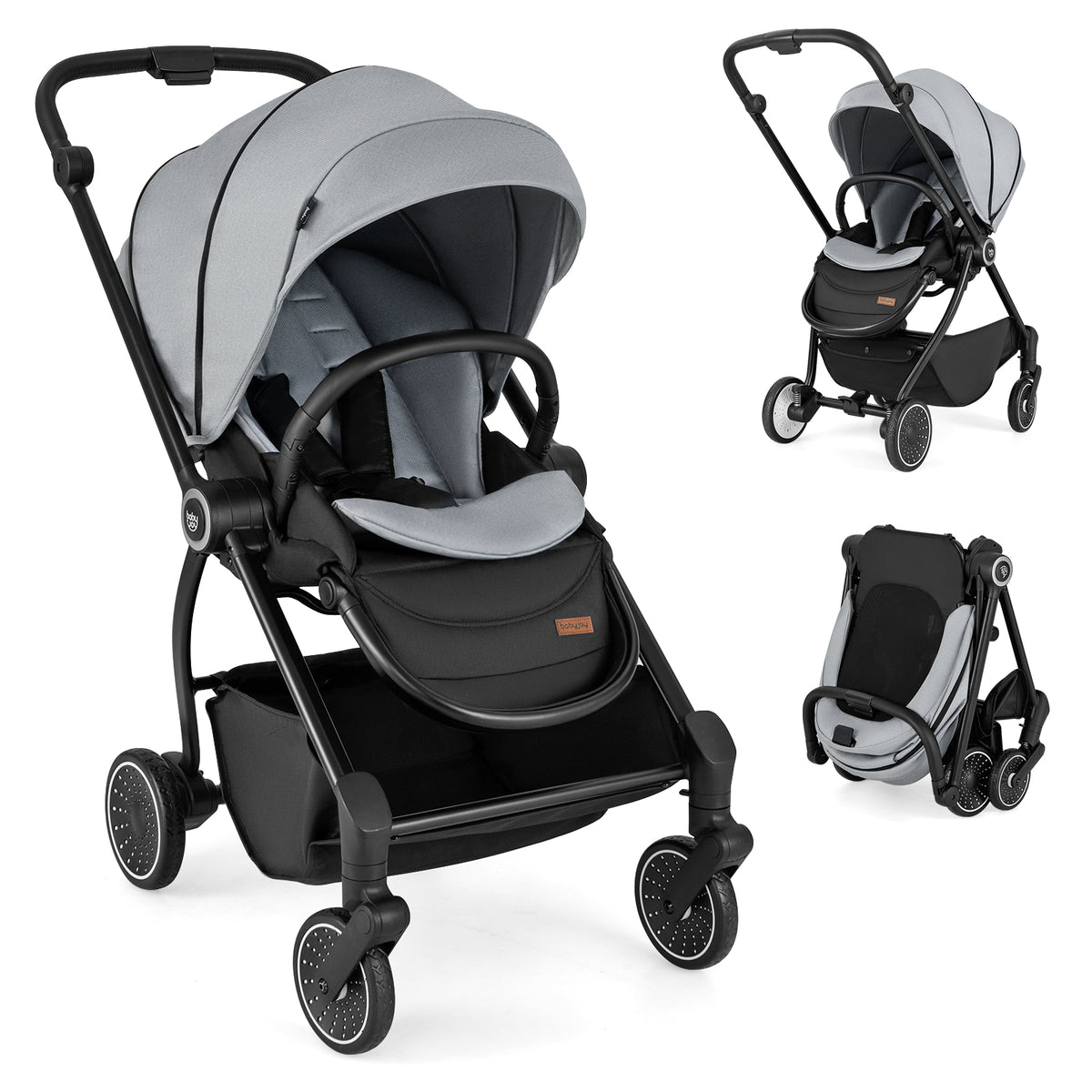 Gray Foldable Infant Pram Stroller with Reversible Seat & Reclining Backrest