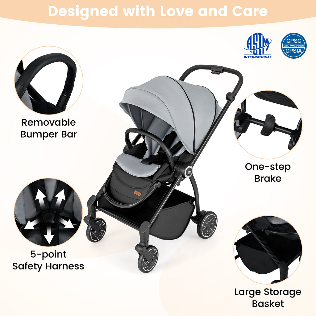 Gray Foldable Infant Pram Stroller with Reversible Seat & Reclining Backrest