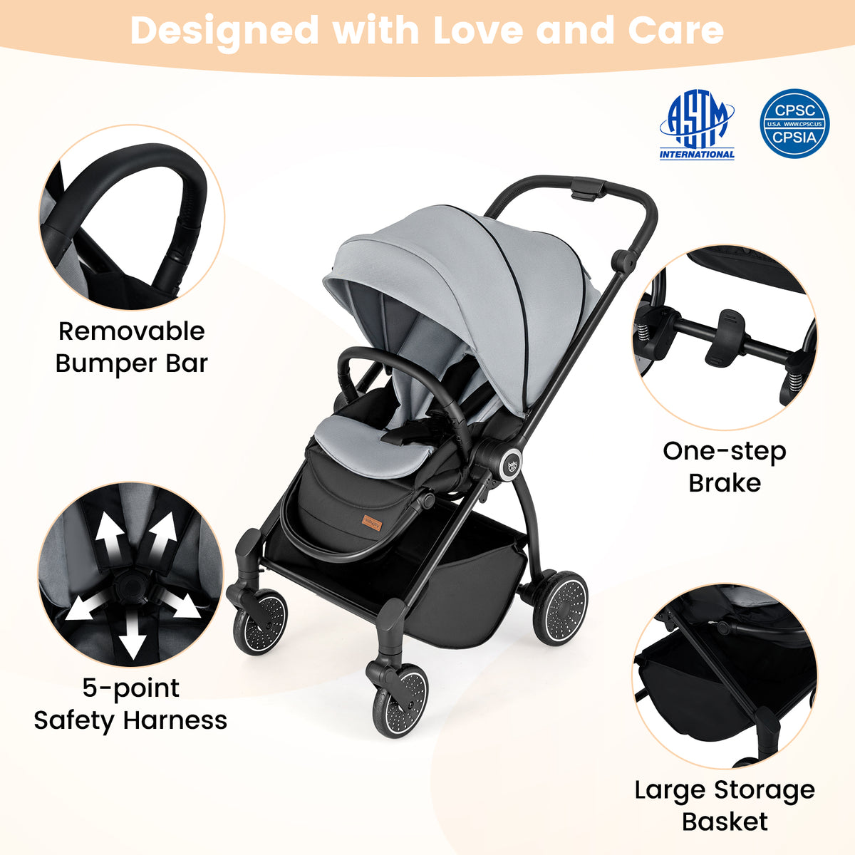 Gray Foldable Infant Pram Stroller with Reversible Seat & Reclining Backrest