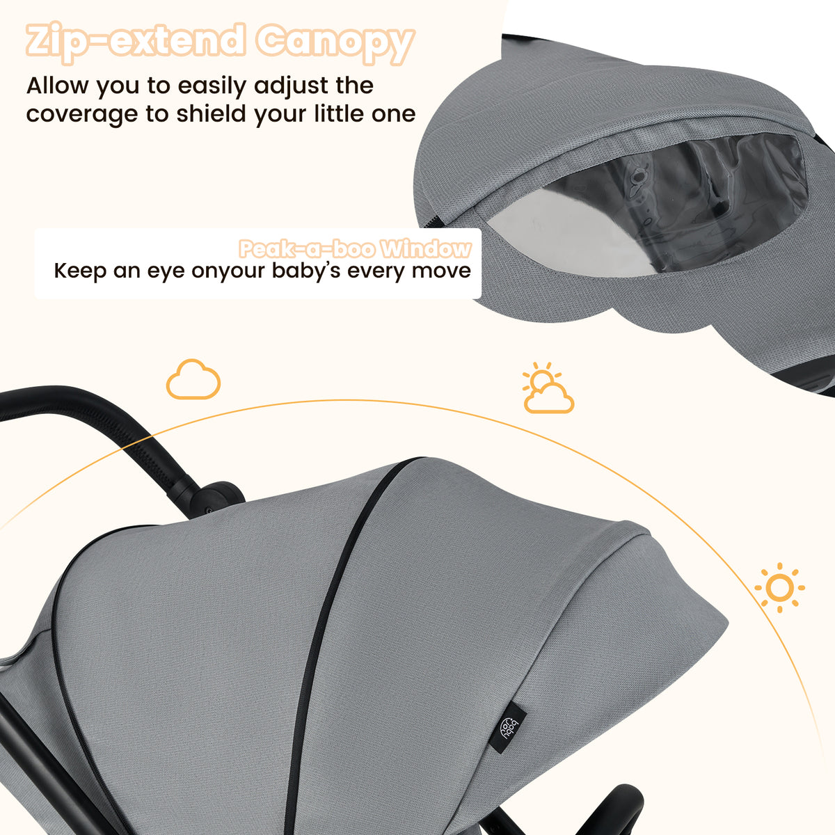 Gray Foldable Infant Pram Stroller with Reversible Seat & Reclining Backrest