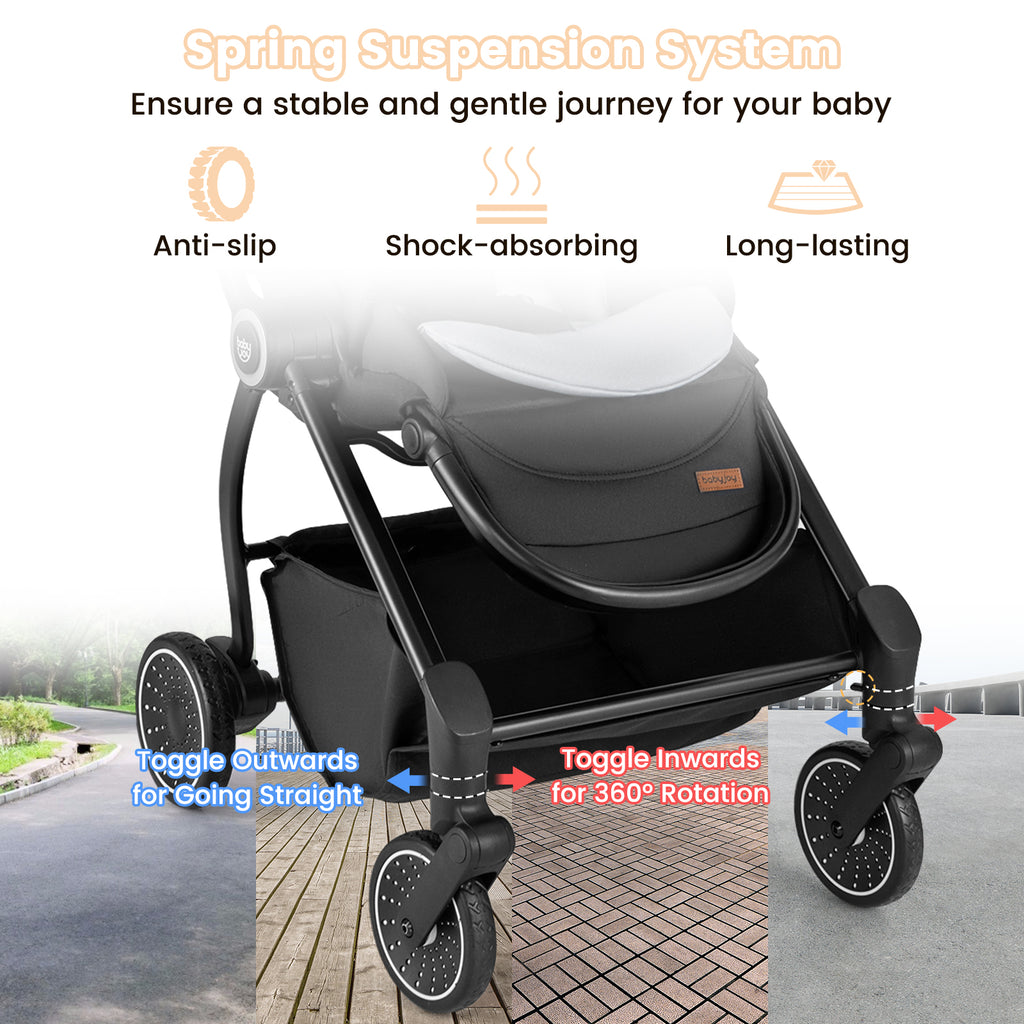 Gray Foldable Infant Pram Stroller with Reversible Seat & Reclining Backrest