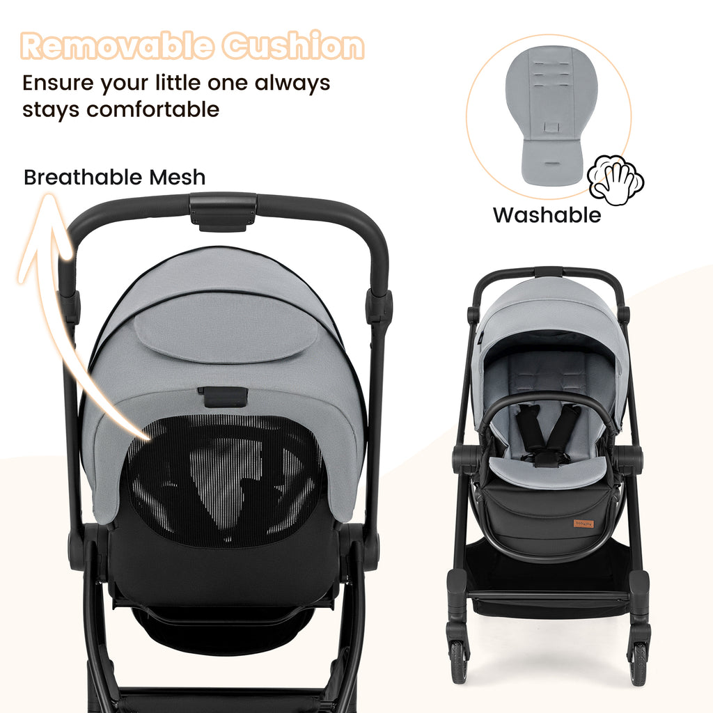 Gray Foldable Infant Pram Stroller with Reversible Seat & Reclining Backrest