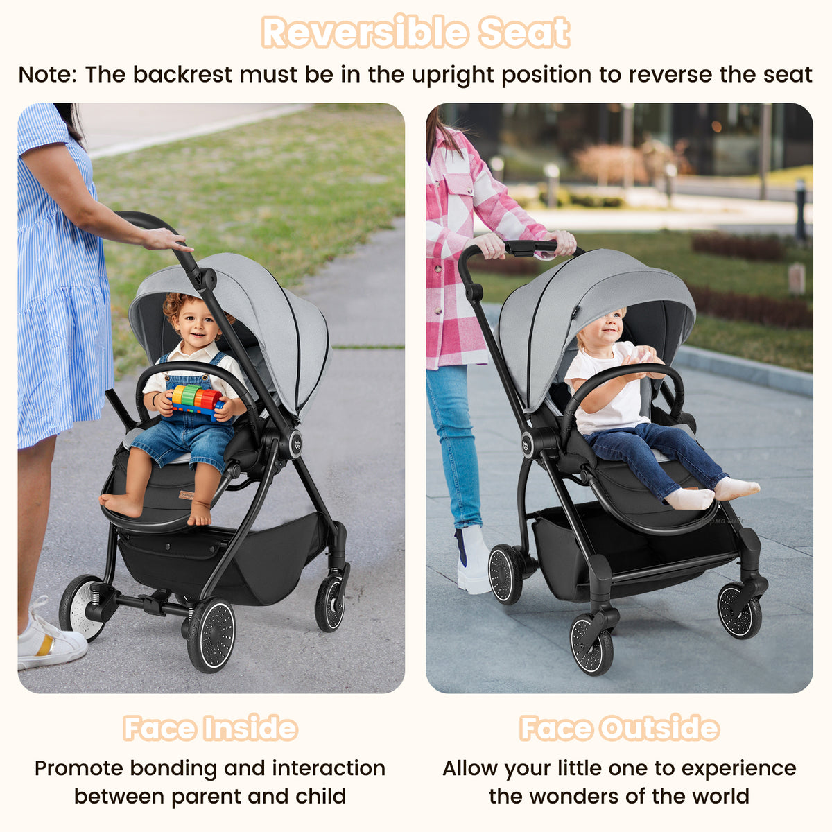 Gray Foldable Infant Pram Stroller with Reversible Seat & Reclining Backrest