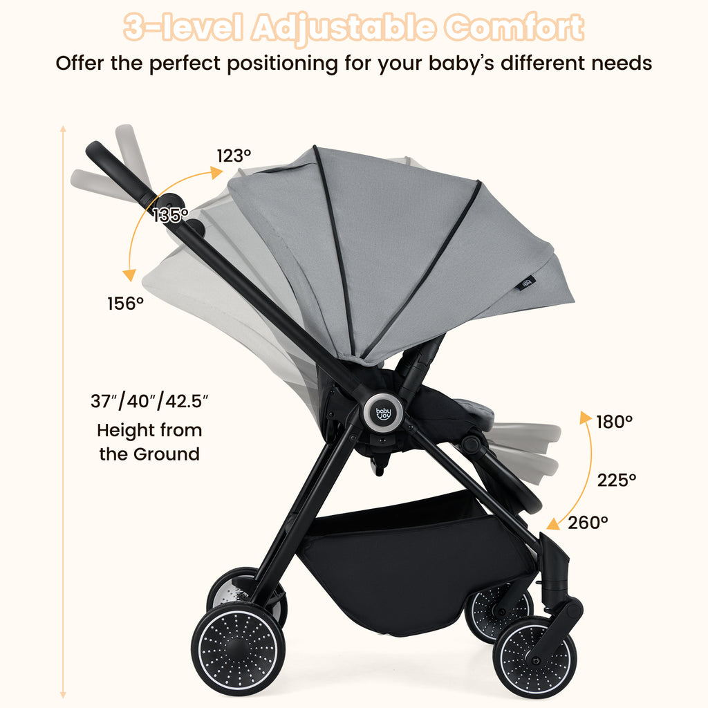 Gray Foldable Infant Pram Stroller with Reversible Seat & Reclining Backrest