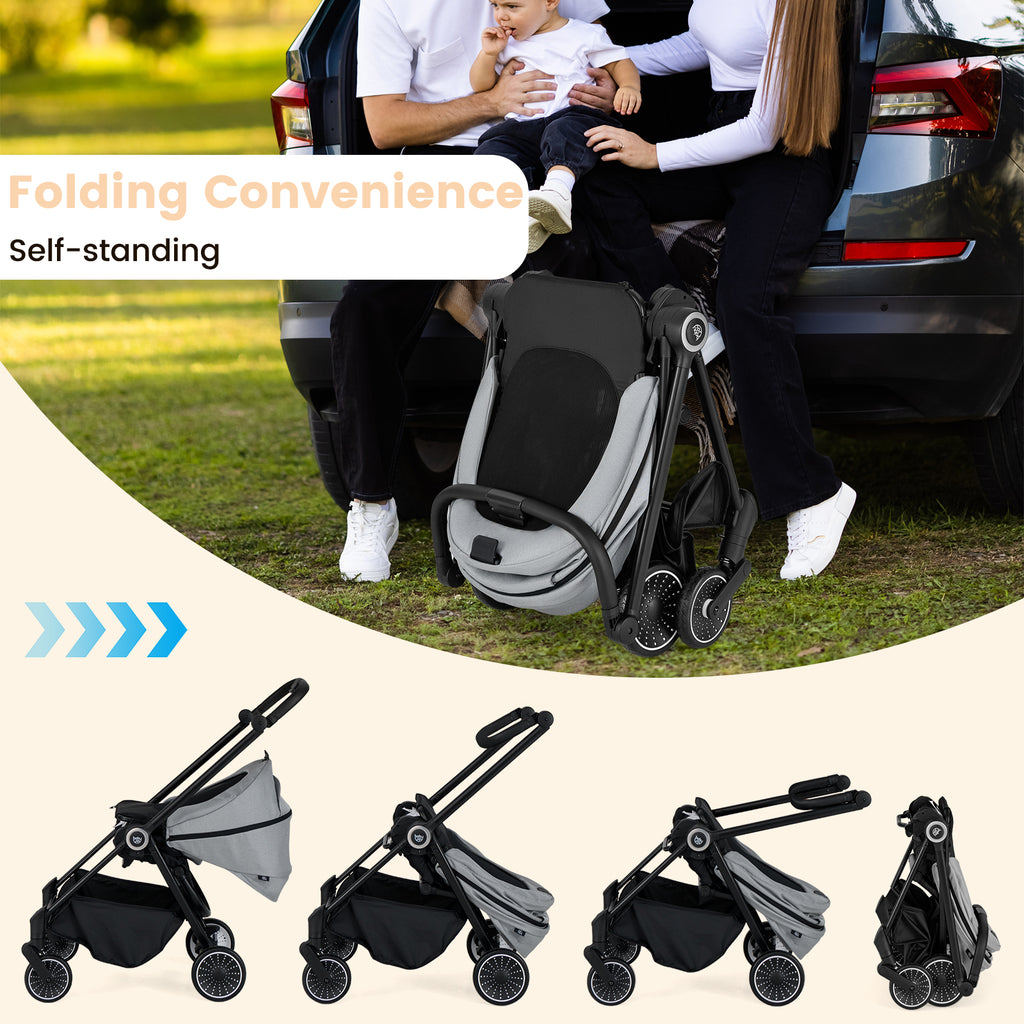 Gray Foldable Infant Pram Stroller with Reversible Seat & Reclining Backrest