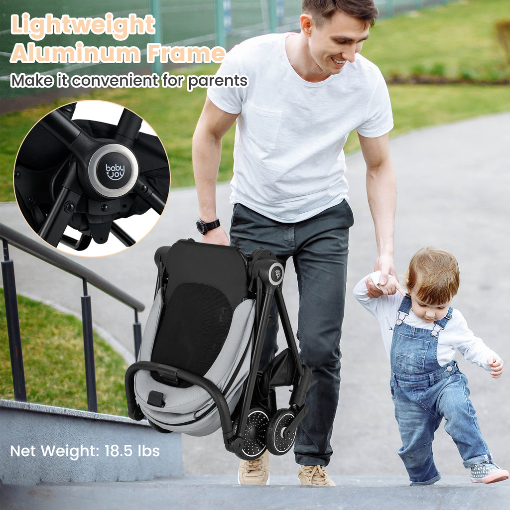 Gray Foldable Infant Pram Stroller with Reversible Seat & Reclining Backrest
