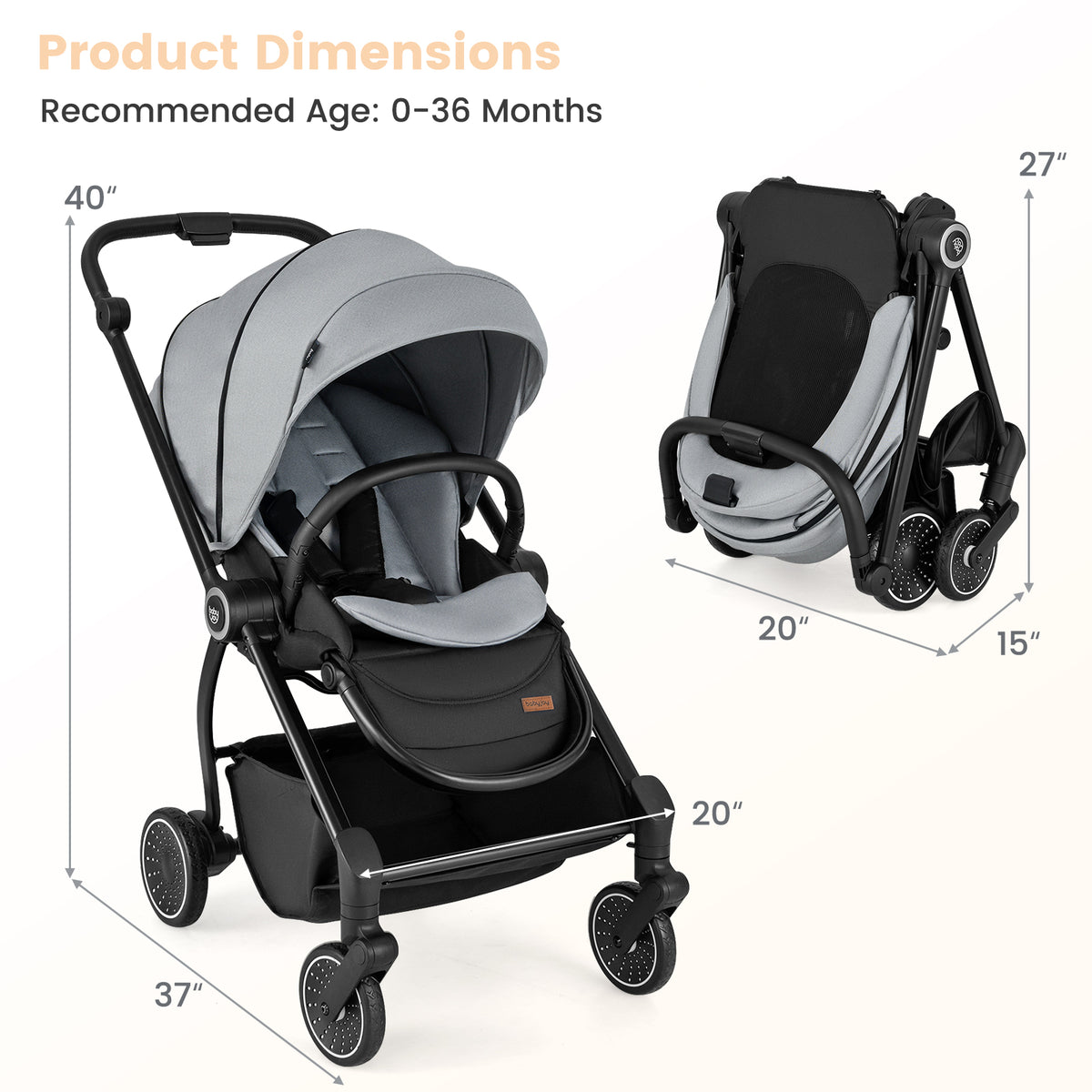 Gray Foldable Infant Pram Stroller with Reversible Seat & Reclining Backrest