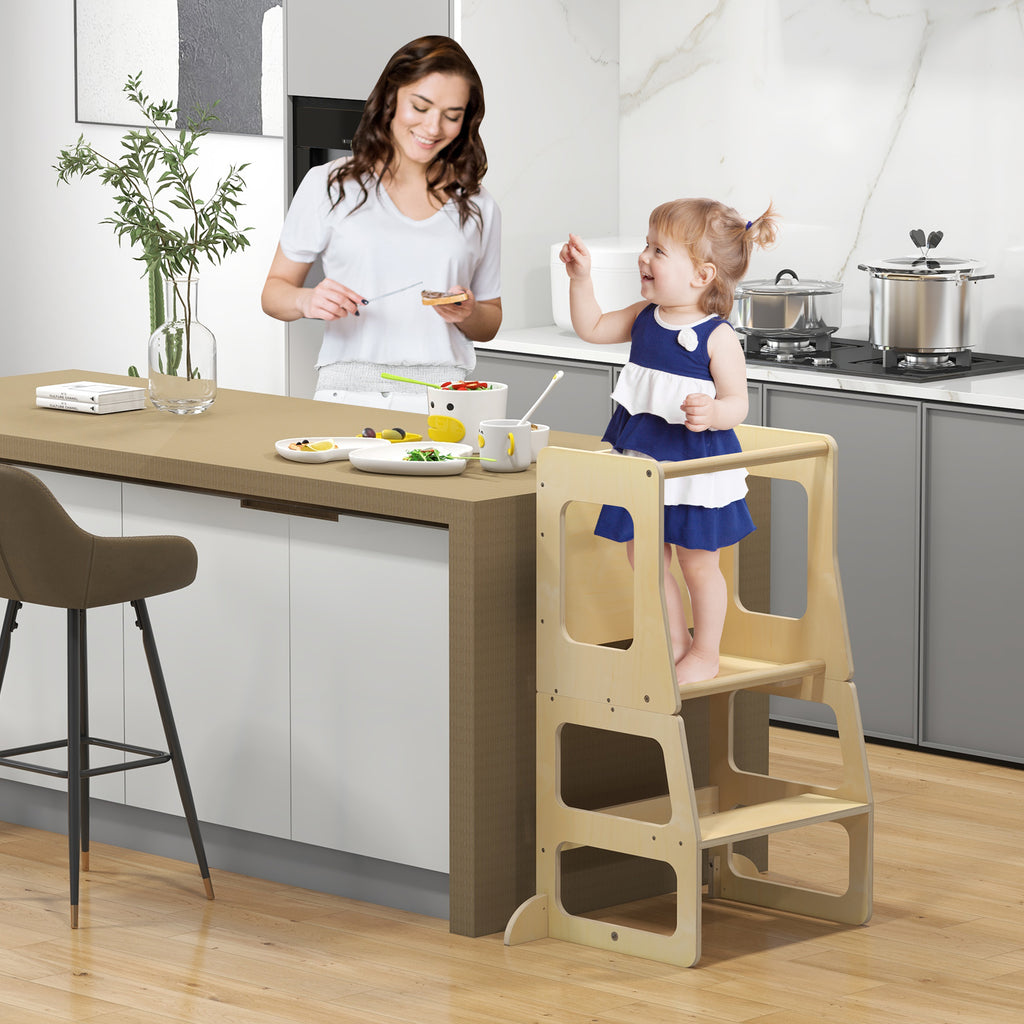 Natural 3-in-1 Foldable Kitchen Standing Tower for Toddlers with Chalkboard