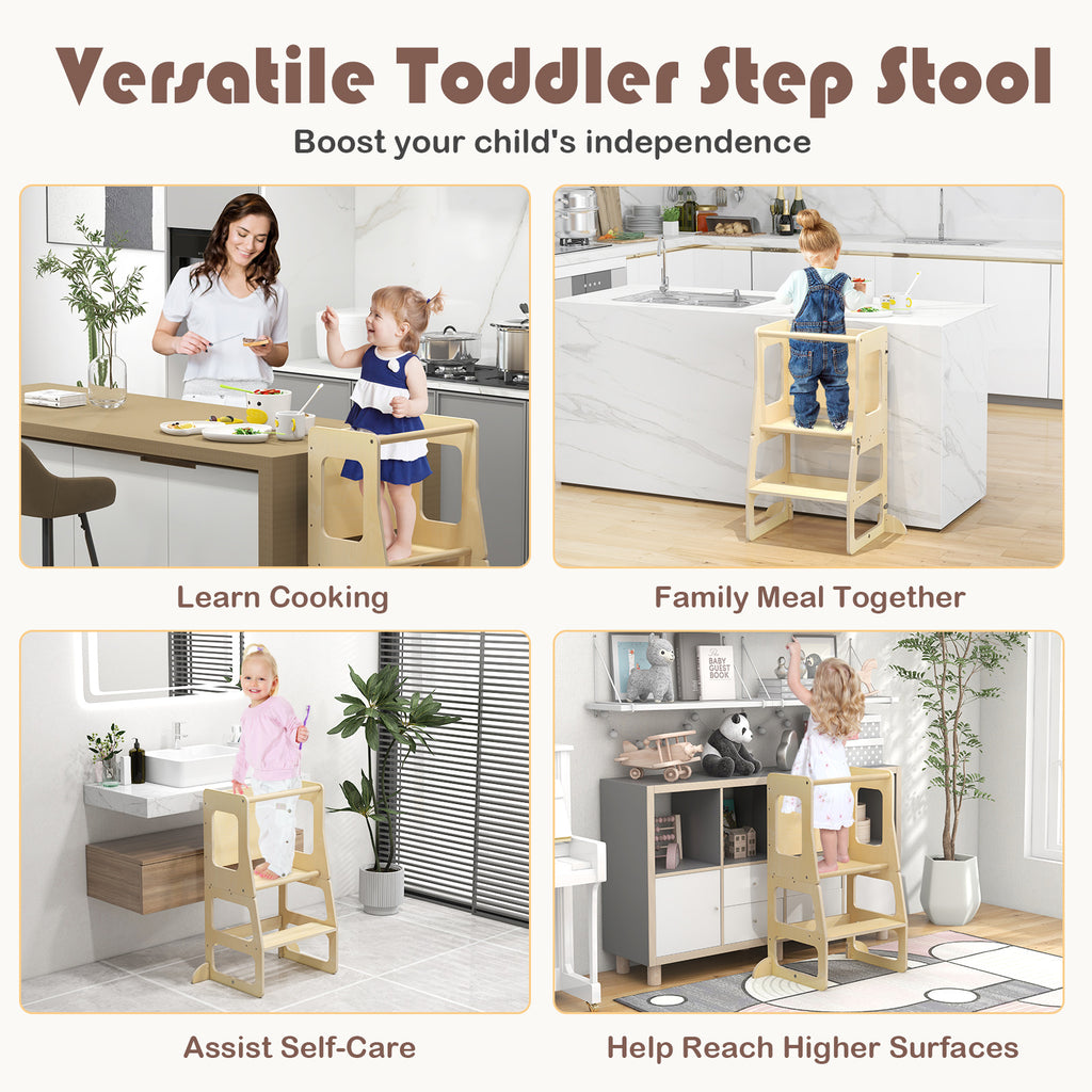 Natural 3-in-1 Foldable Kitchen Standing Tower for Toddlers with Chalkboard