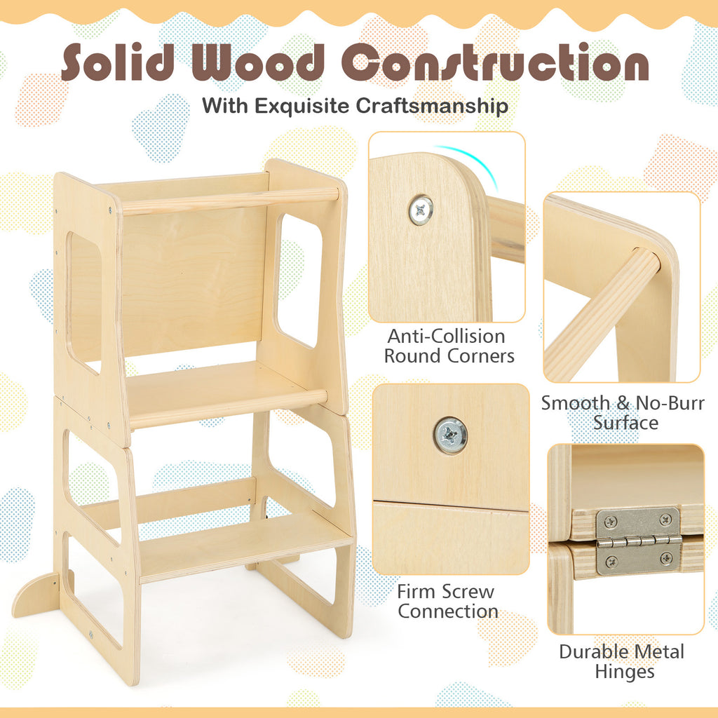 Natural 3-in-1 Foldable Kitchen Standing Tower for Toddlers with Chalkboard