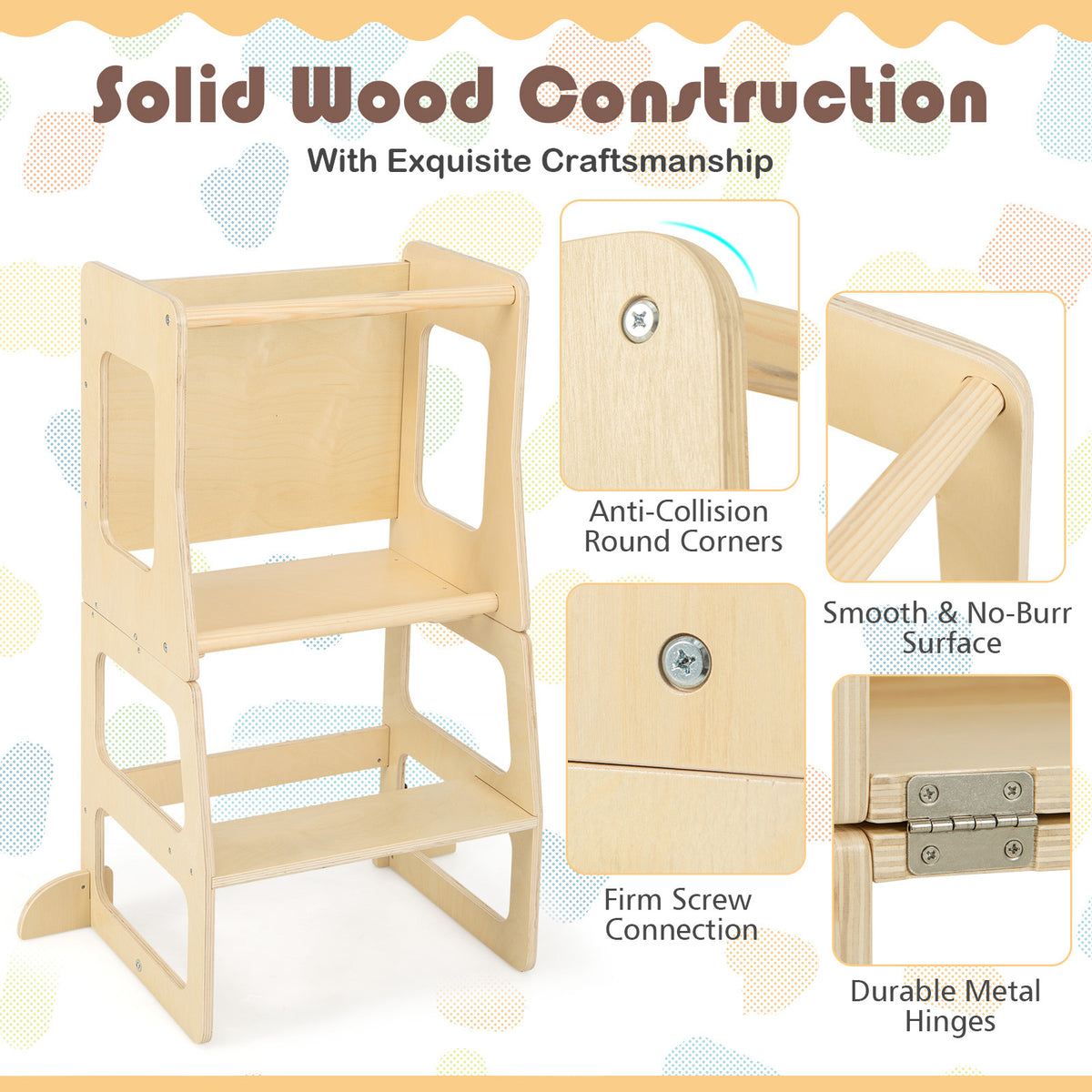 Natural 3-in-1 Foldable Kitchen Standing Tower for Toddlers with Chalkboard